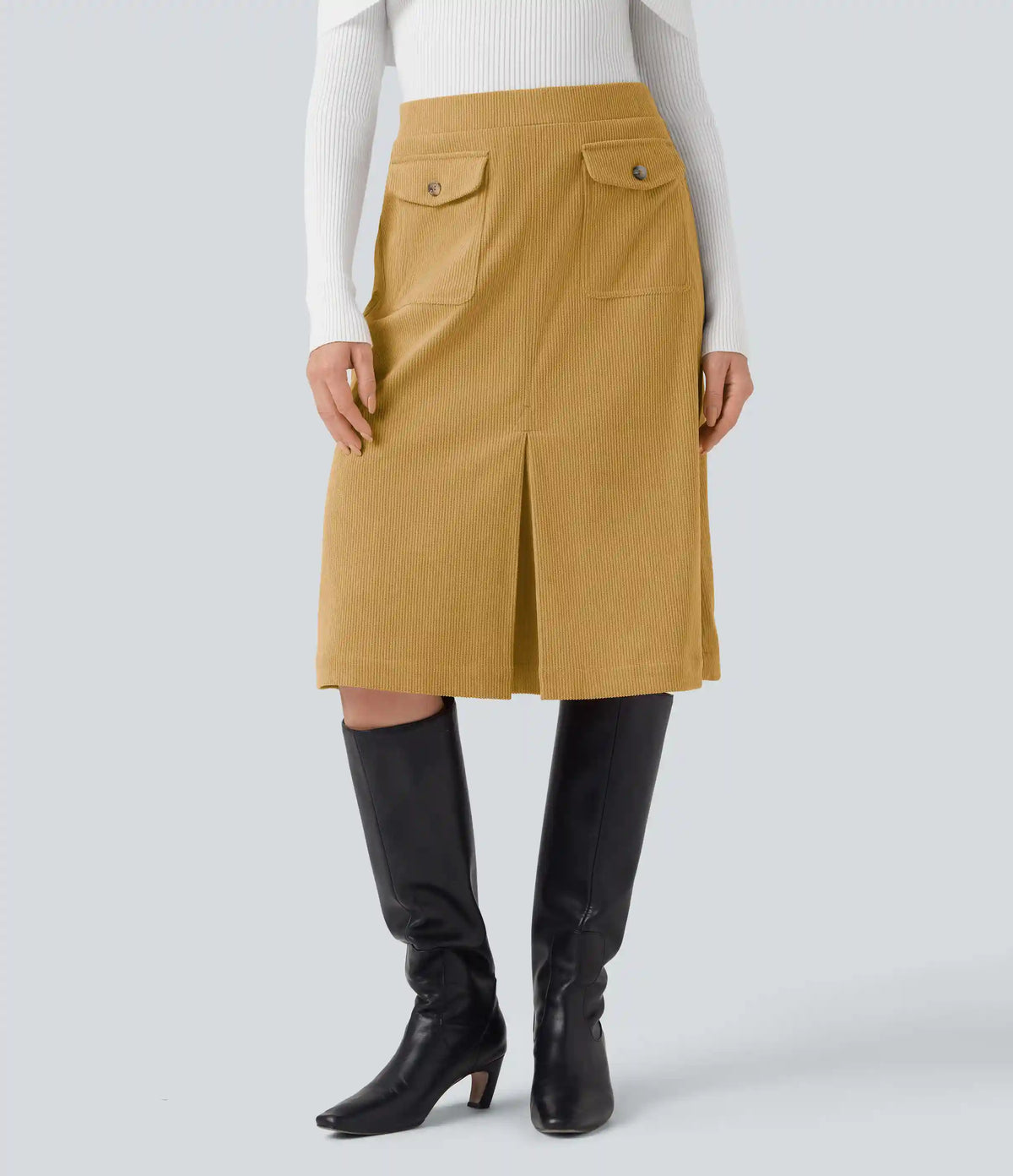 Mid Rise Front Side Flap Pocket Midi Corduroy Casual Skirt