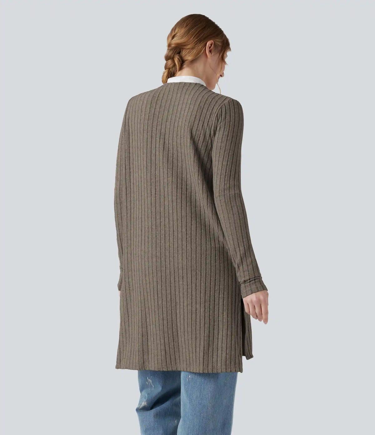 Ribbed Knit Long Sleeve Split Casual Cardigan