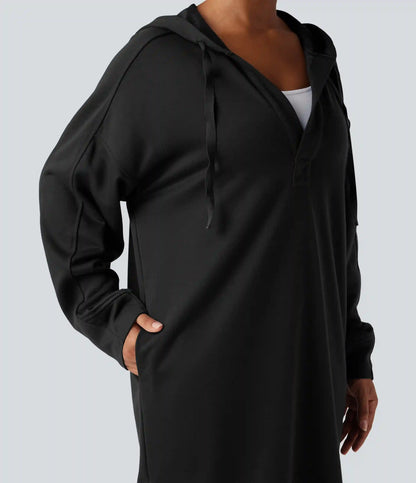 Hooded Drawstring Long Sleeve Zipper Hem Midi Casual Sweatshirt Dress with Pockets