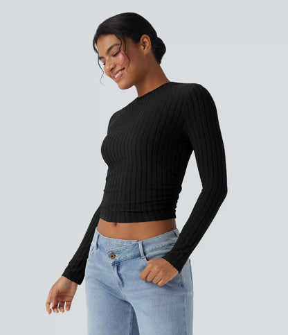 Ribbed Knit Long Sleeve Cropped Casual Top