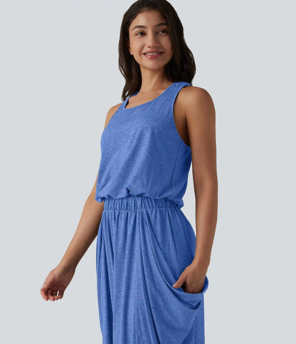 Sleeveless Cut Out Wide Leg Casual Jumpsuit with Pockets-Easy Peezy Edition