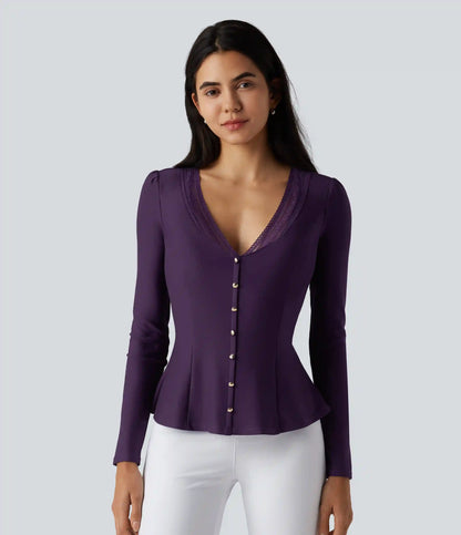 V Neck Contrast Lace Long Sleeve Ruffle Hem Work Blouse