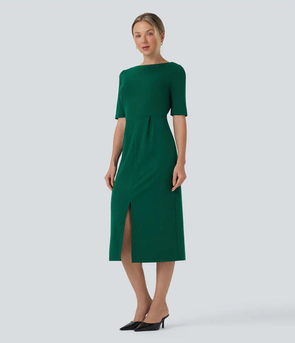 Rounded Neckline Short Sleeve Split Work Dress