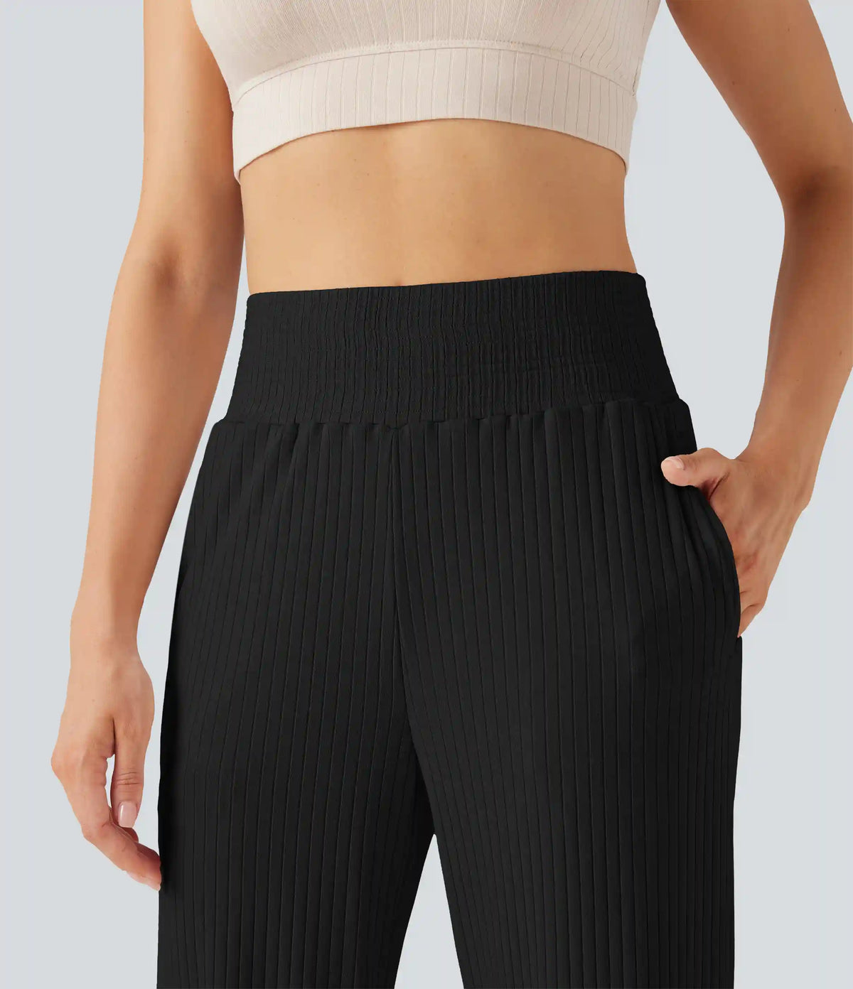 Ribbed Knit High Waisted Casual Pants with Pockets