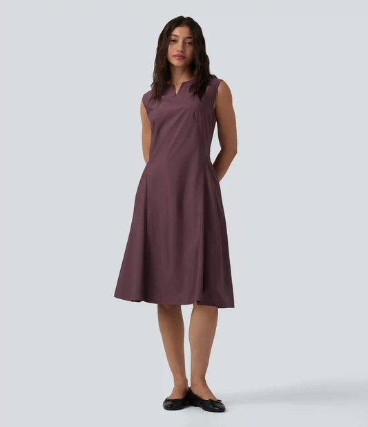 Notched Sleeveless Midi Work Flare Dress with Pockets