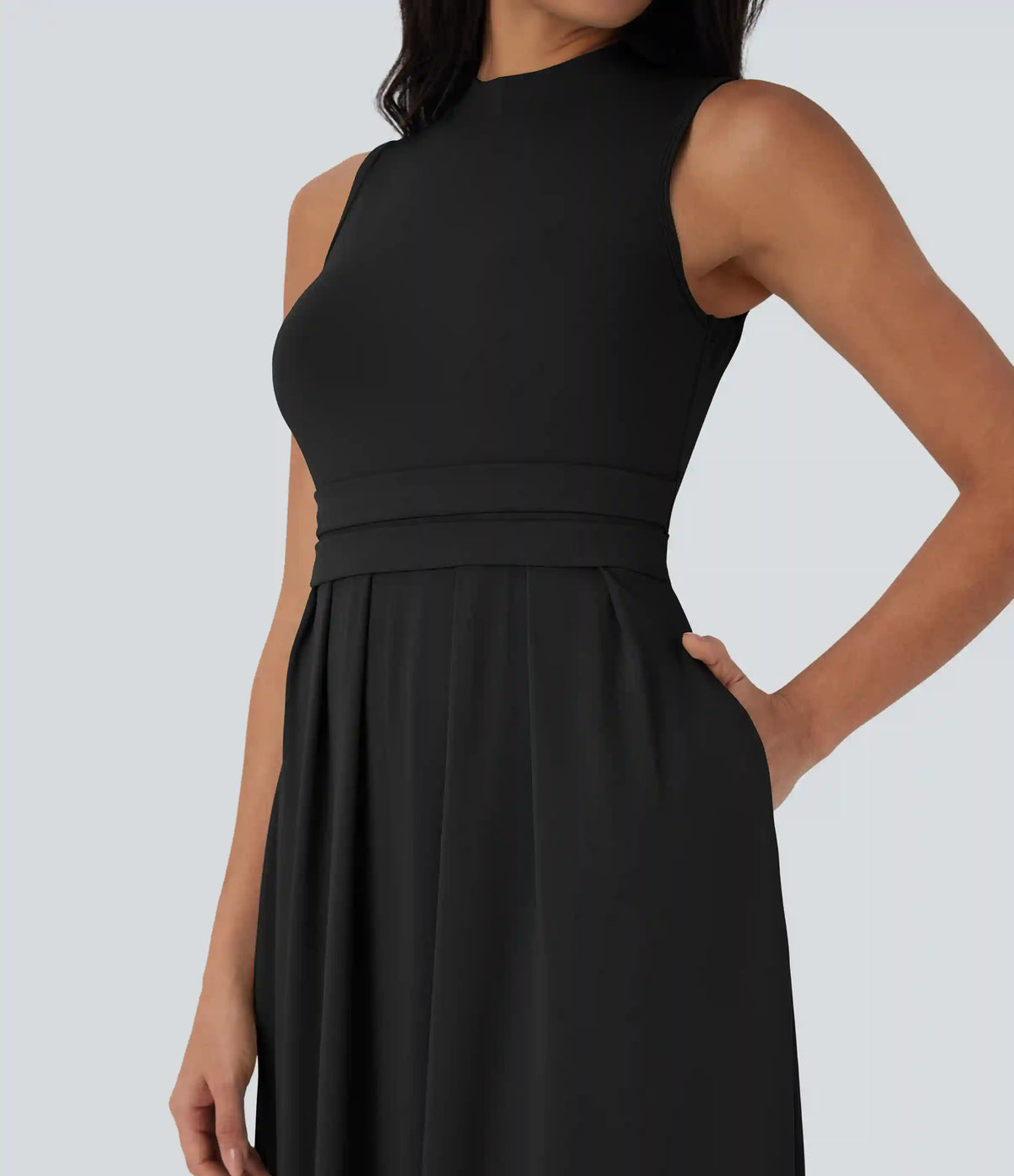 Stand Collar Sleeveless Flare Maxi Casual Dress with Pockets