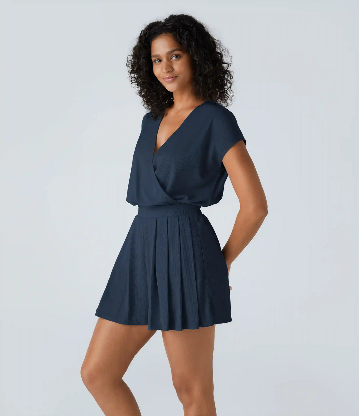 V Neck Short Sleeve Pocket Waffle Casual Romper