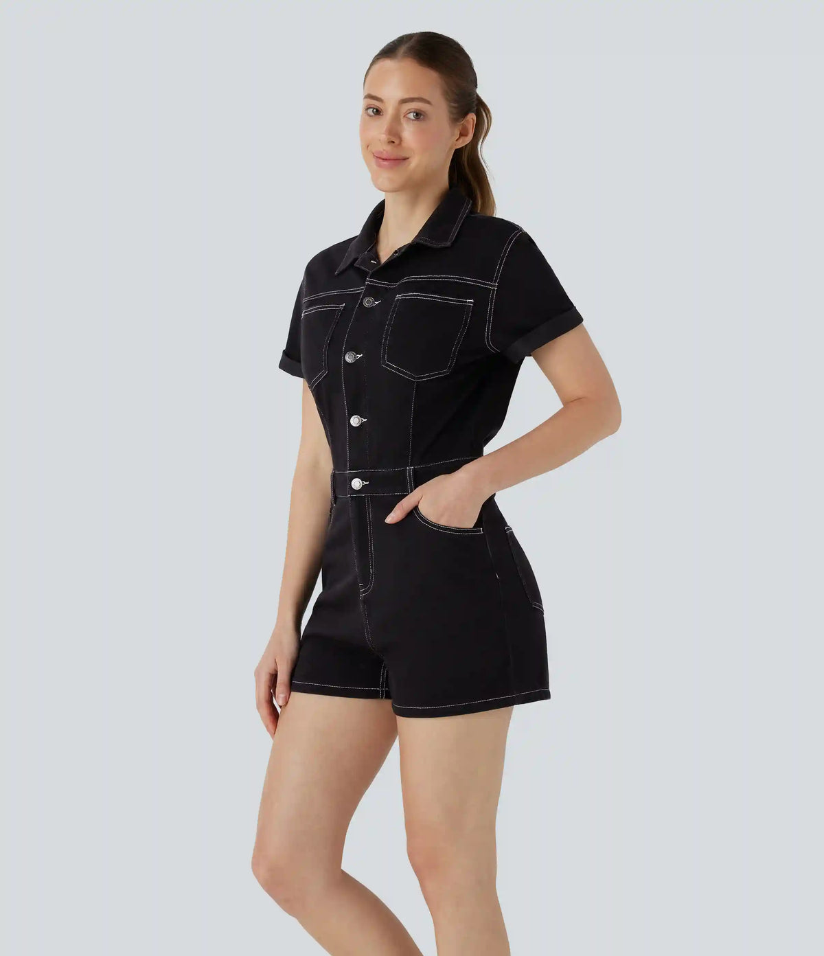 Halara Flex™ Short Sleeve Washed Denim Casual Utility Romper with Pockets