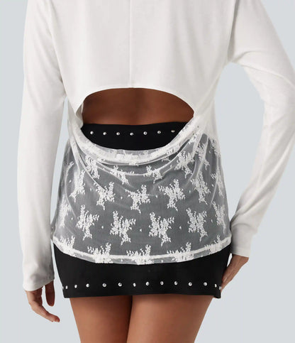 V Neck Long Sleeve Cut Out Back Contrast Lace Casual T-Shirt