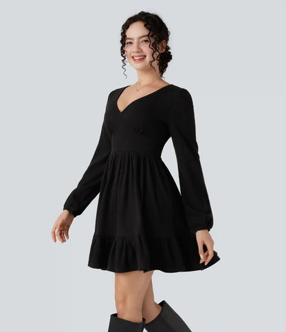 Ribbed Knit V Neck Long Sleeve Ruffle Hem Mini Dress