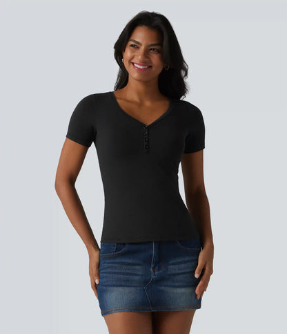 Halara Cotton Jersey V-neck Short Sleeve Built-in Bra Casual T-Shirt B-DD Cups