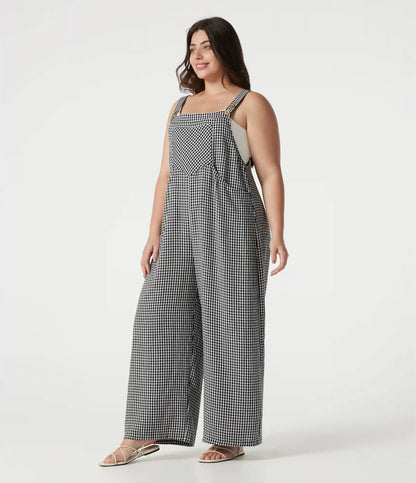 Plus Size Plaid Casual Linen-Feel Overalls with Pockets