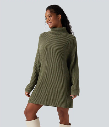High Neck Long Sleeve Mini Work Sweater Dress