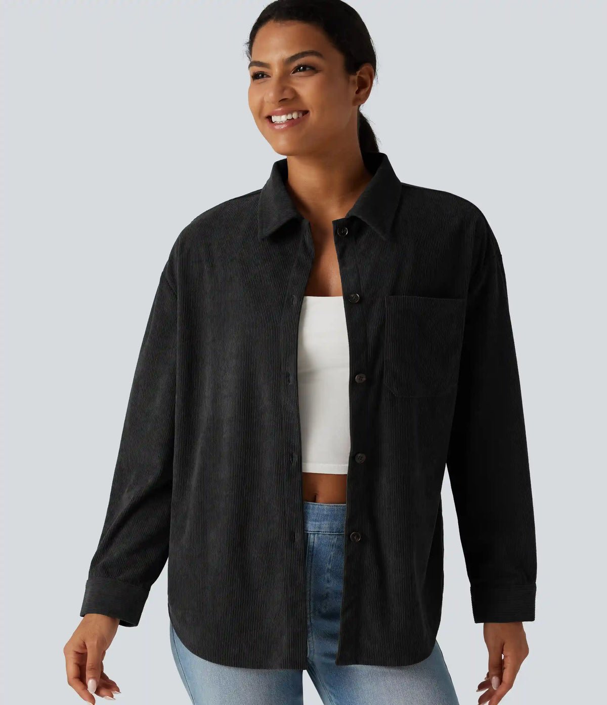 Long Sleeve Curved Hem Corduroy Casual Shirt Jacket with Pocket
