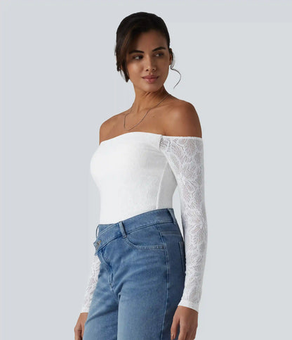 Off Shoulder Built-in Bra Long Sleeve Lace Casual Top