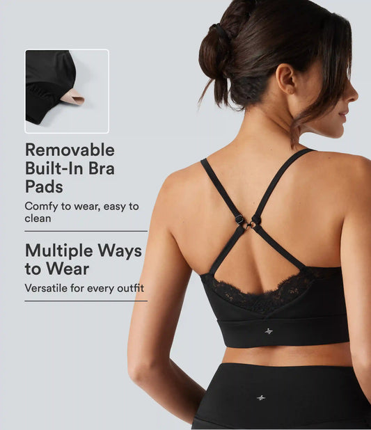 SoftlyZero™ Airy Light Support Sweetheart Neck Contrast Lace Built-in Bra InstantCool Workout Sports Bra-UPF50+