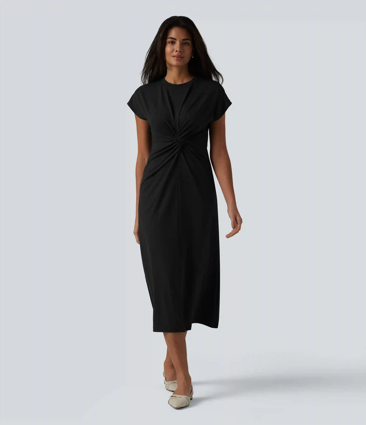 Round Neck Short Sleeve Midi Work Dress