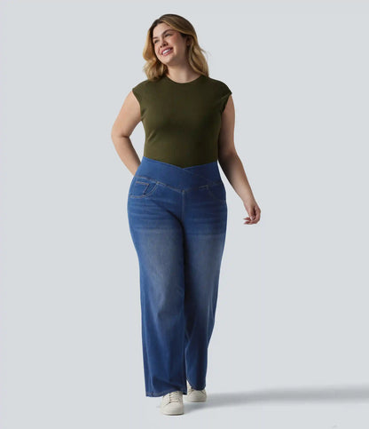 Halara Flex™ Crossover High Waisted Tummy Control Casual Straight Leg Plus Size Jeans with Pockets