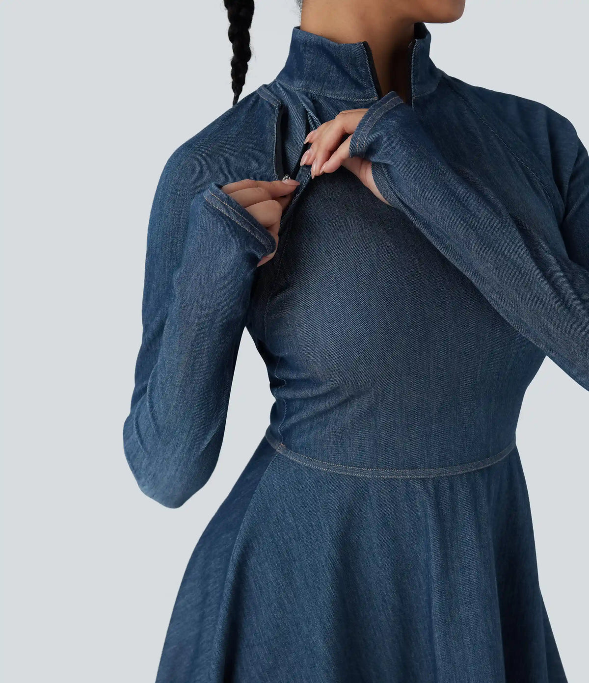 Halara Flex™ Zipper Removable Sleeve Thumb Hole Flare Mini InstantCool Washed Denim Tennis Active Dress