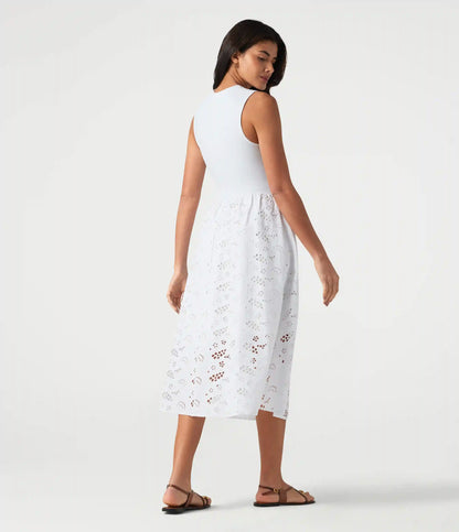 Round Neck Sleeveless Midi Embroidery Eyelet Resort Dress with Pockets