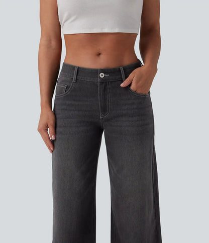 Halara Flex™ Low Rise Zipper Pockets Washed Baggy Wide Leg Casual Jeans