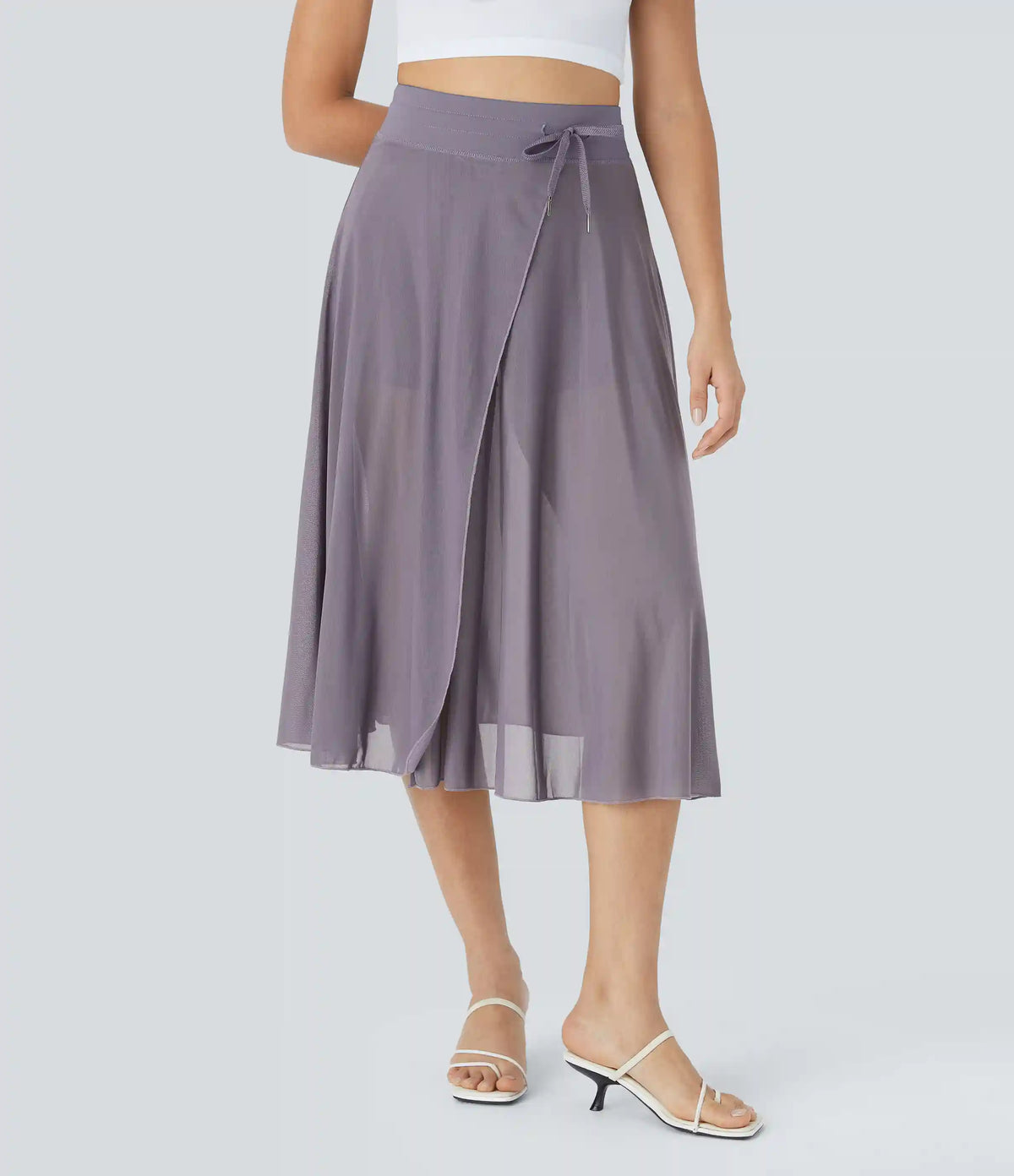High Waisted Drawstring Contrast Mesh 2-in-1 Pocket Flowy Midi Flare Casual Skirt
