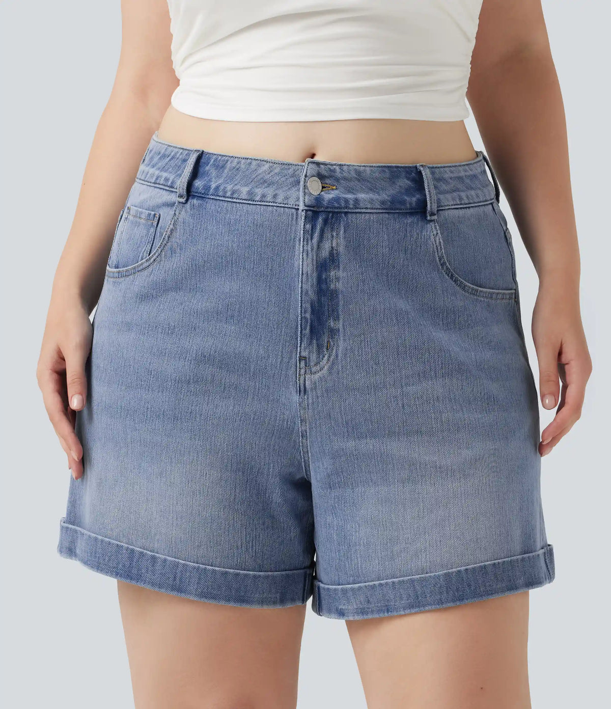 Plus Size Halara Flex™ Mid Rise Rolled Hem Denim Casual Shorts 5'' with Pockets