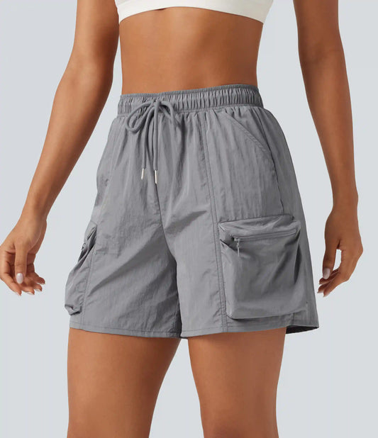 High Waisted Drawstring Workout Cargo Shorts with Pockets