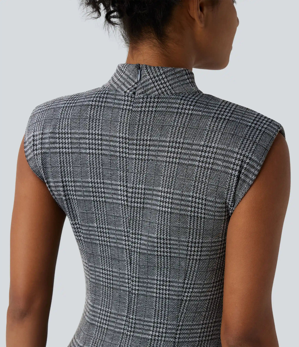 High Neck Sleeveless Bodycon Houndstooth Plaid Midi Work Dress