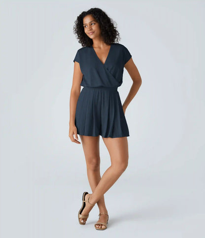 V Neck Short Sleeve Pocket Waffle Casual Romper
