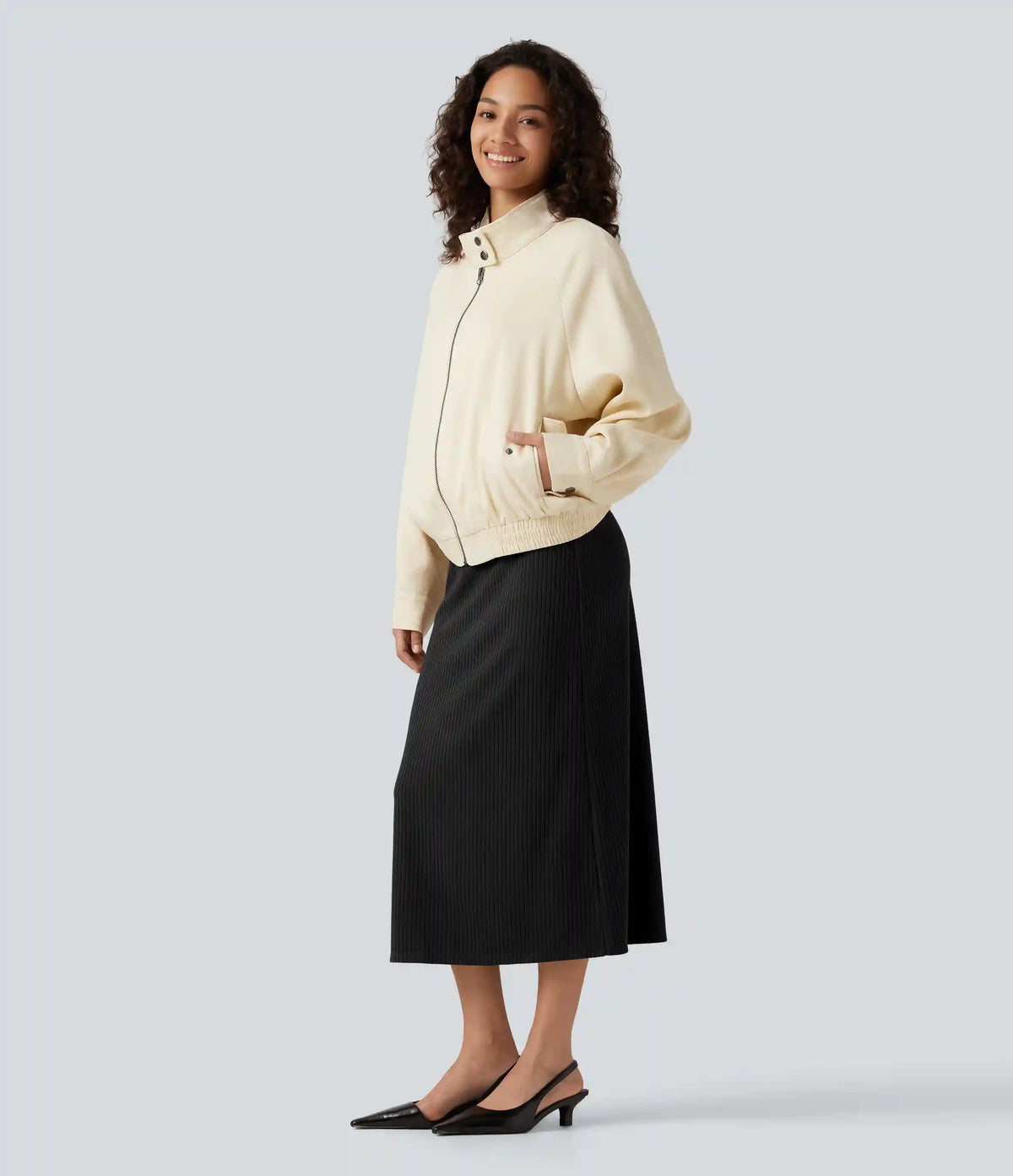 Ribbed Knit High Waisted Casual Midi Skirt