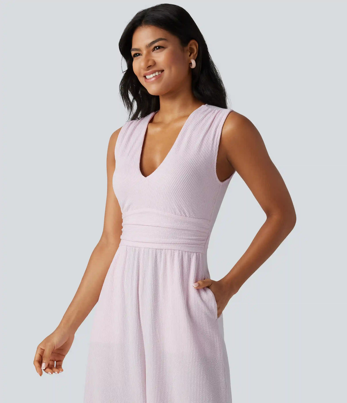 V Neck Sleeveless Built-in Bra Stripe Casual Jumpsuit with Pockets-Easy Peezy Edition