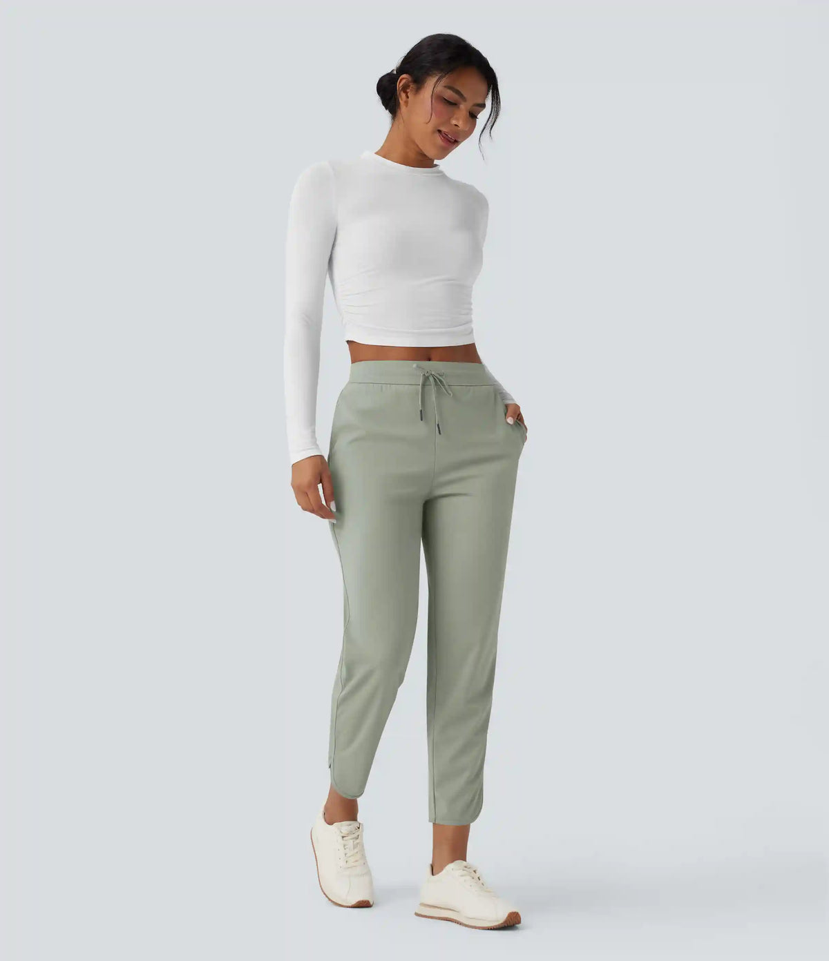 Mid Rise Drawstring Curved Hem Quick Dry Golf Tapered Pants with Pockets-UPF40+