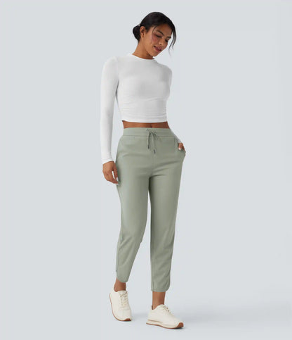 Mid Rise Drawstring Curved Hem Quick Dry Golf Tapered Pants with Pockets-UPF40+