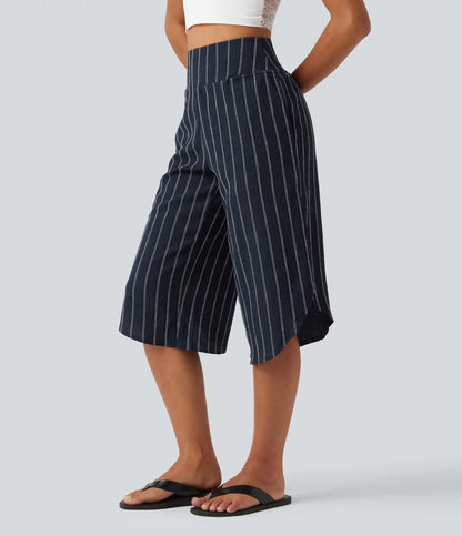 High Waisted Curved Hem Stripe Capri Casual Pants with Pockets
