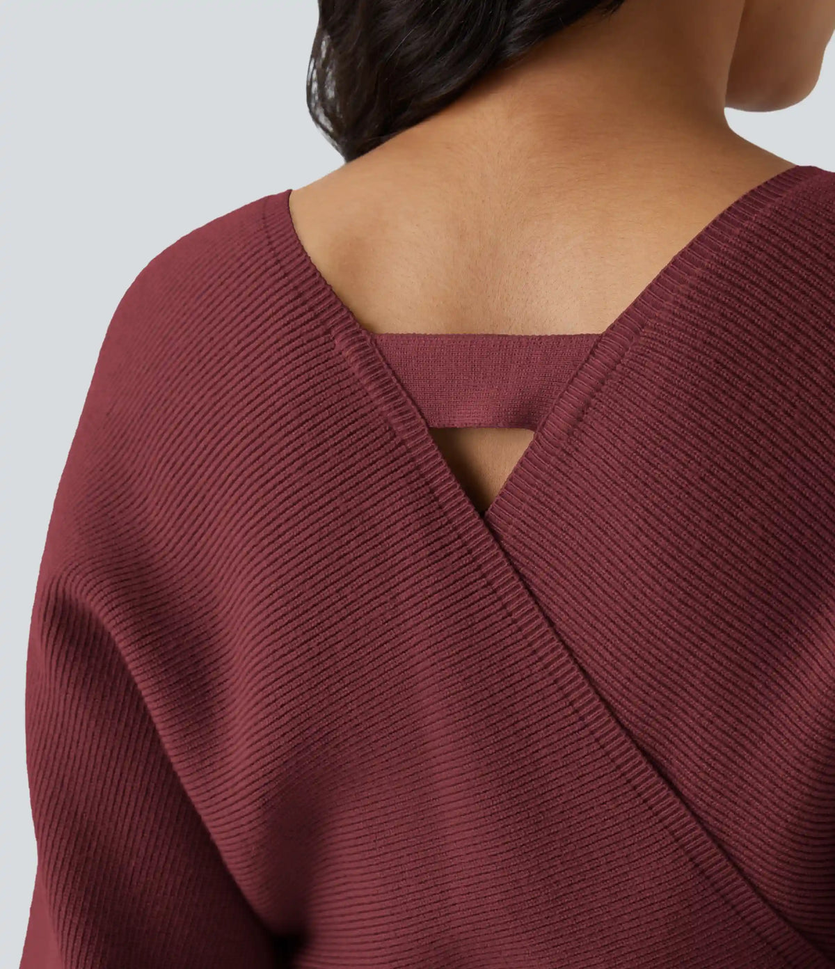 Crossover V Neck Batwing Long Sleeve Belted Mini Casual Sweater Dress