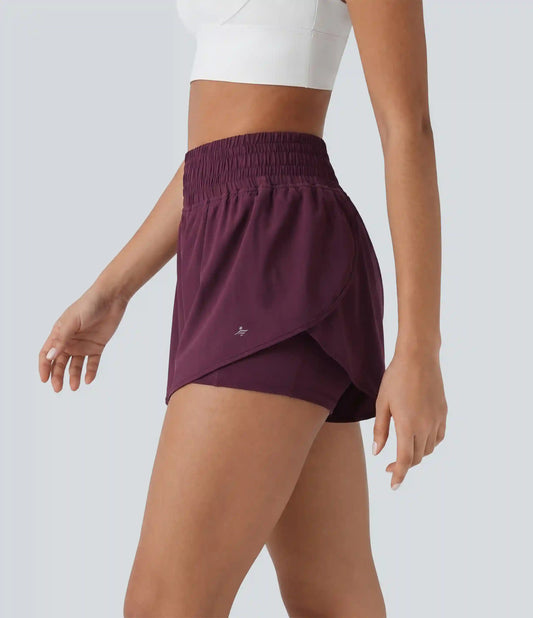 Breezeful™ High Waisted 2-in-1 Crossover Curved Hem Quick Dry Running Shorts 3'' with Pockets