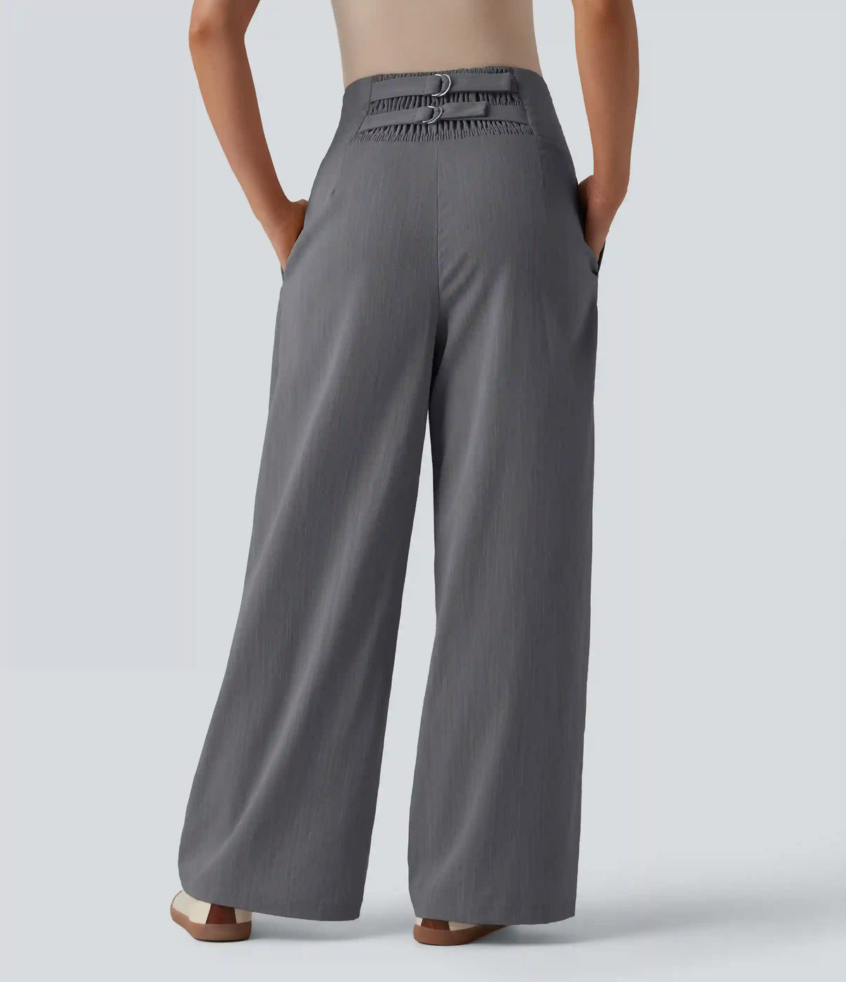 Adjustable Super High Waisted Shirred Wide Leg Casual Linen-Feel Pants with Pockets
