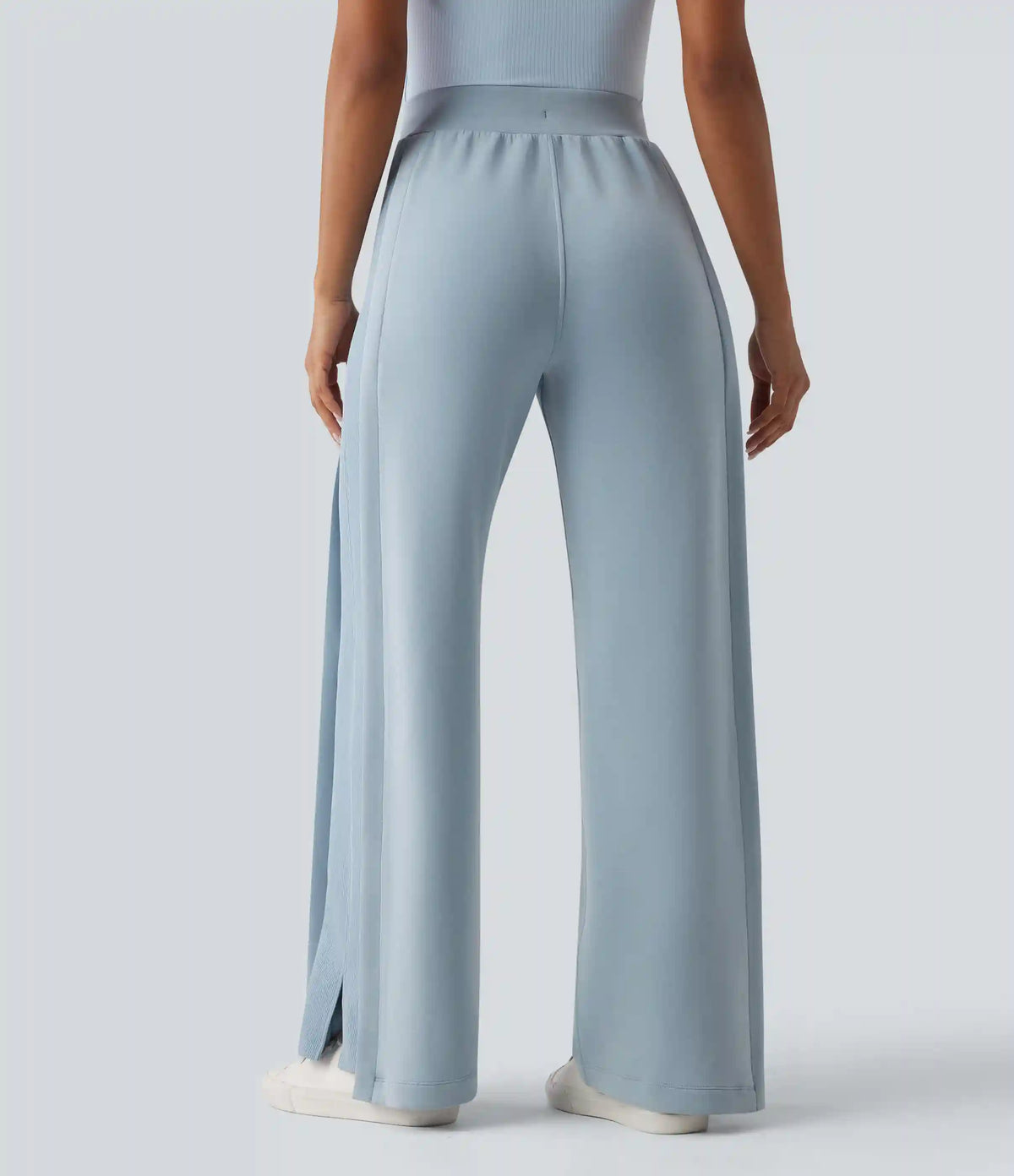 SpacerTek™ High Waisted Inner Drawstring Contrast Ribbed Split Casual Wide Leg Pants with Pockets