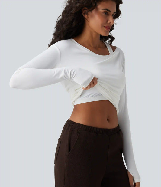 Built-in Bra One Shoulder Long Sleeve Thumb Hole Ruched InstantCool Workout Top-UPF50+