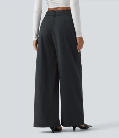 High Waisted Lace Panel Wide Leg Work Pants with Pockets
