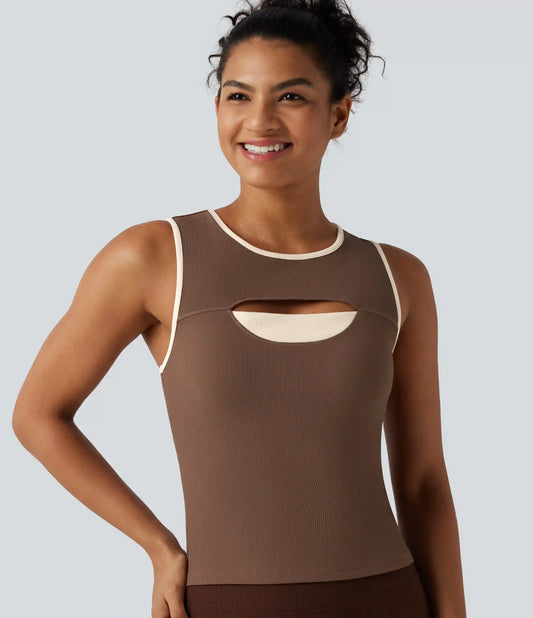 Ribbed Round Neck Cut Out Front Color Block Workout Tank Top