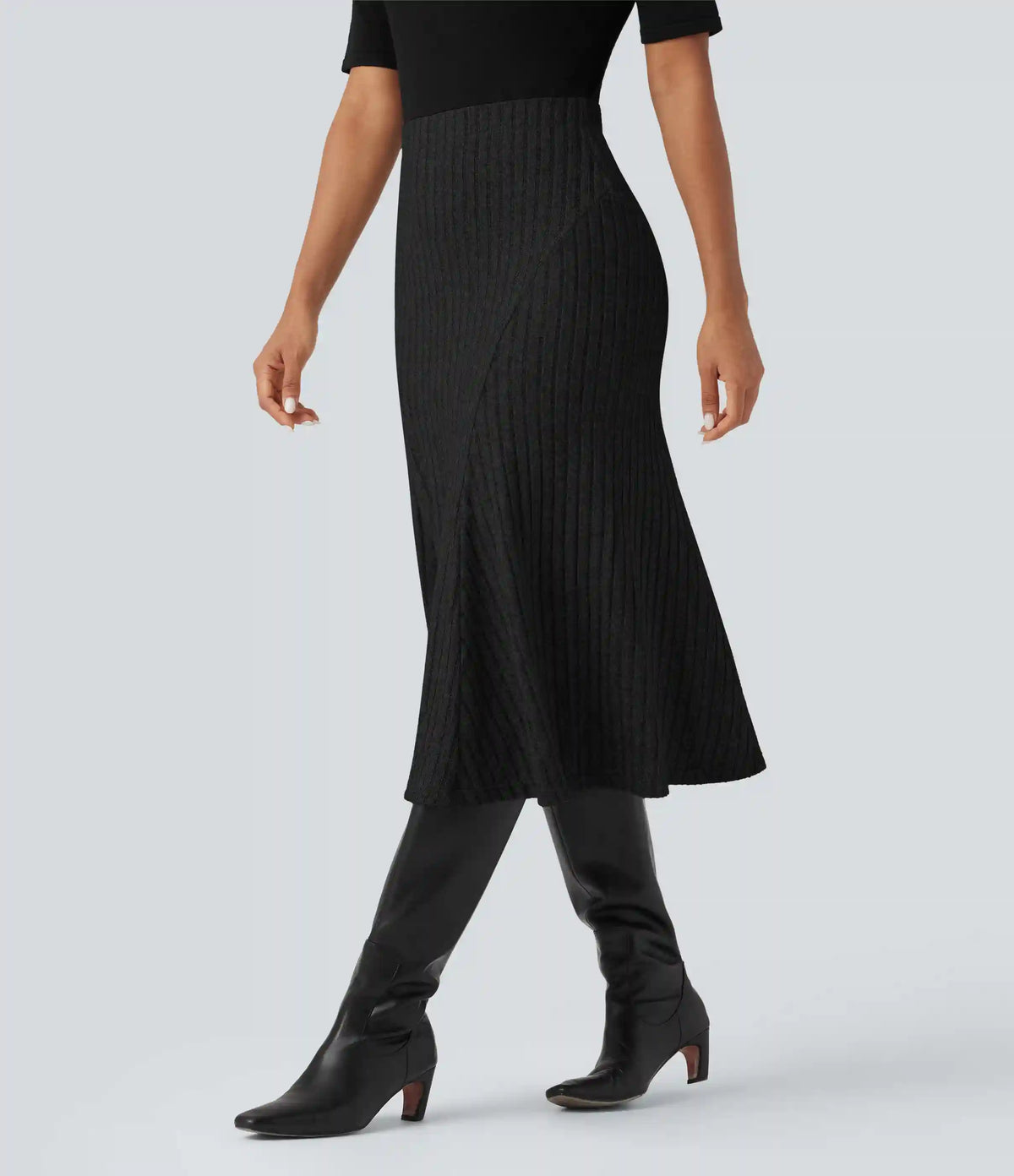 Ribbed Knit High-waisted Midi Casual A-line Skirt