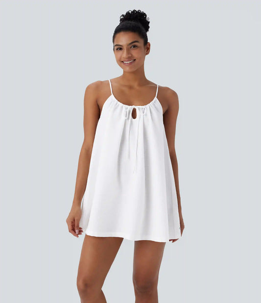 Adjustable Tie Neck Cut Out Stripe Mini Lounge Slip Dress