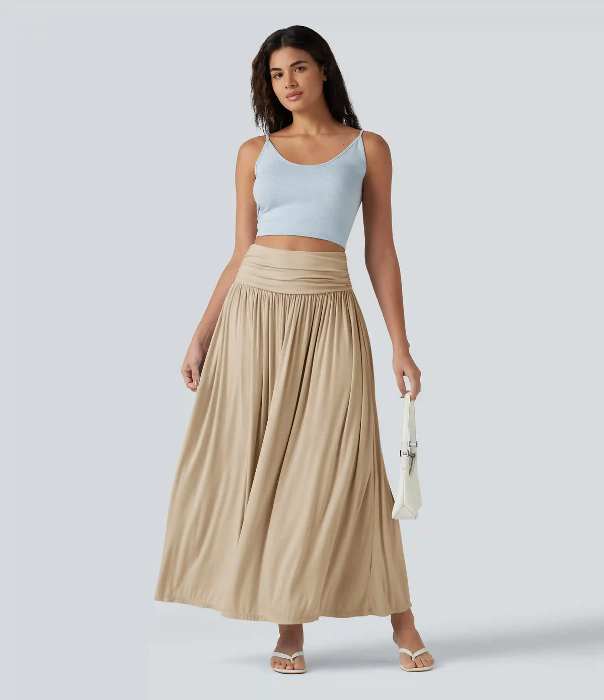 High Waisted Ruched Flowy Maxi Casual Skirt