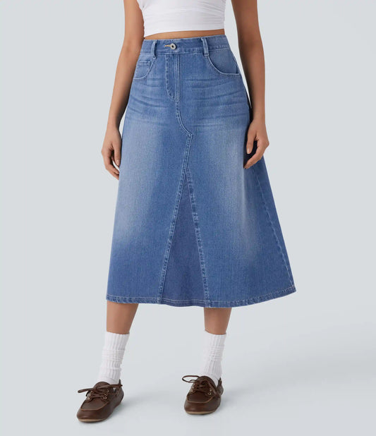Halara Flex™ High Waisted Pockets Midi Washed Denim Casual A-Line Skirt