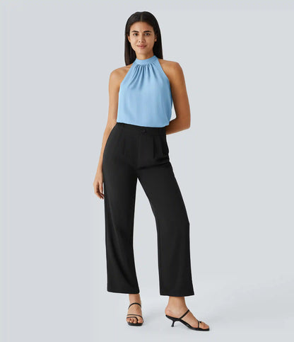 Keyhole Back Halter Sleeveless Curved Hem Work Blouse