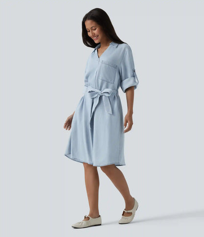 V Neck Long Sleeve Tie Front Denim Mini Casual Dress with Pockets