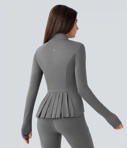 SoftlyZero™ Stand Collar Thumb Hole Pockets Pleated Zipper Slim Jacket