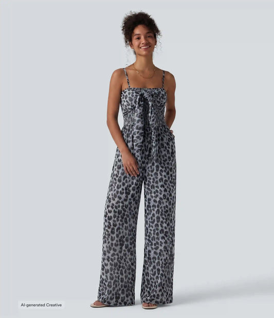 Tie-front Shirred Leopard Mesh Casual Slip Baggy Jumpsuit with Pockets